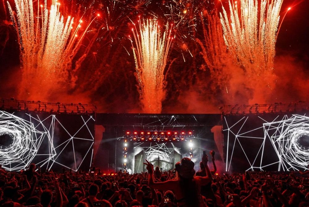 Fireworks over a concert stage