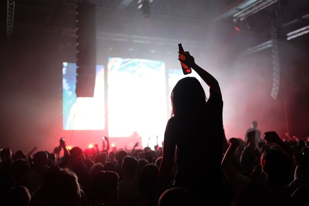 Fan with hands raised at a concert