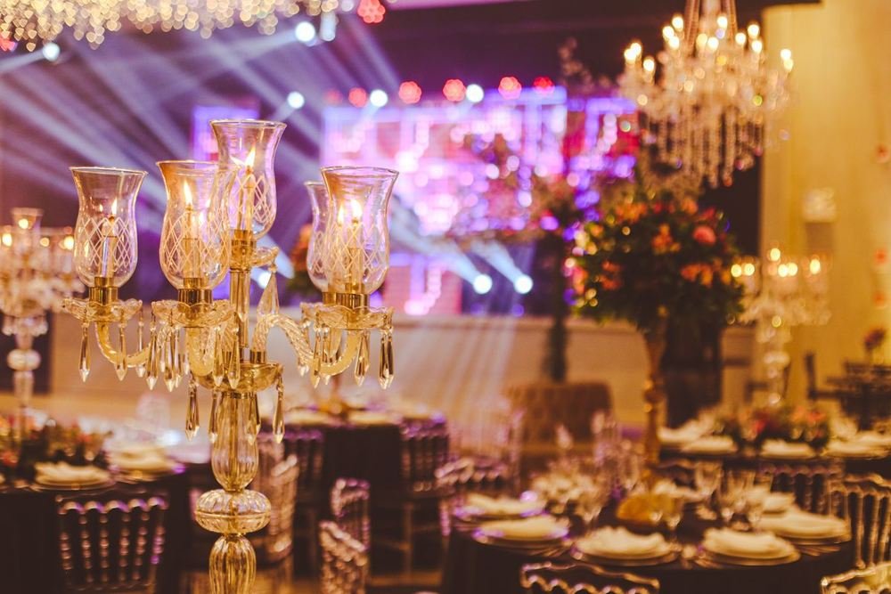Gala dinner hall with candelabras and lights